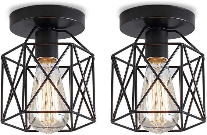 iDEGU iDEGU Vintage plafondlamp, industrieel, metaal, kooi, zeshoekig, lampenkap, geometrisch design, hanglamp, E27, plafondlamp voor slaapkamer, café, restaurant, hal, hal, 15 cm, zwart, 2 stuks