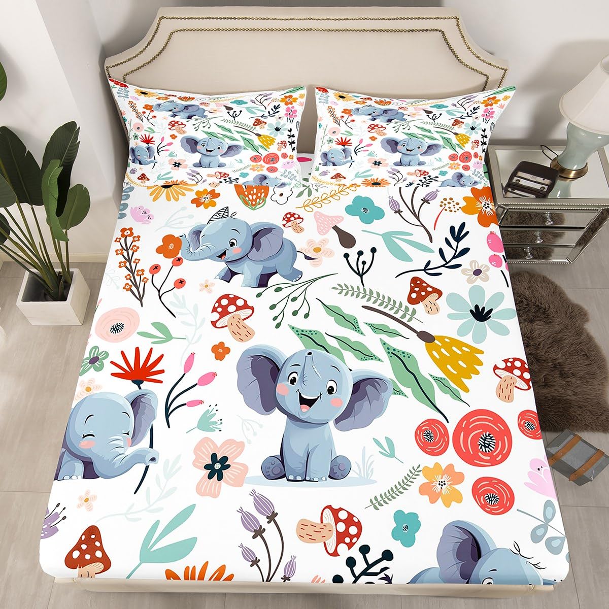Drap housse éléphant kawaii pour une chambre d'ado garçon ou fille colorée