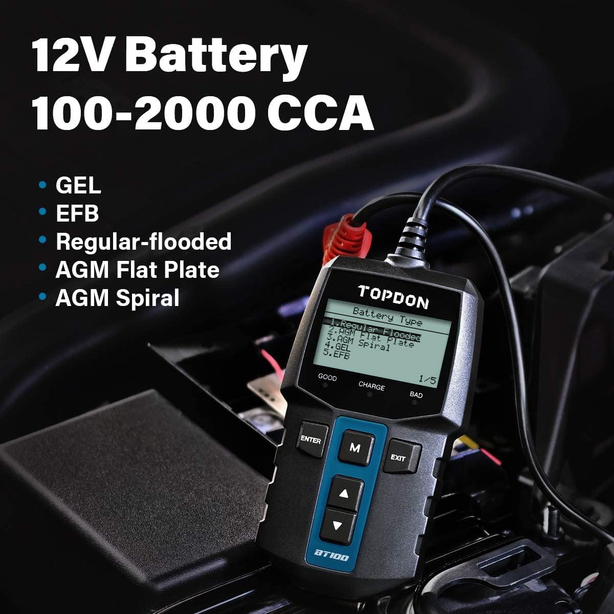 Car Battery Tester 12V Load Tester, TOPDON BT100 100-2000 CCA Automotive Alternator Tester Digital Auto Battery Analyzer Charging Cranking System Tester for Car Truck Motorcycle ATV SUV Boat Yacht