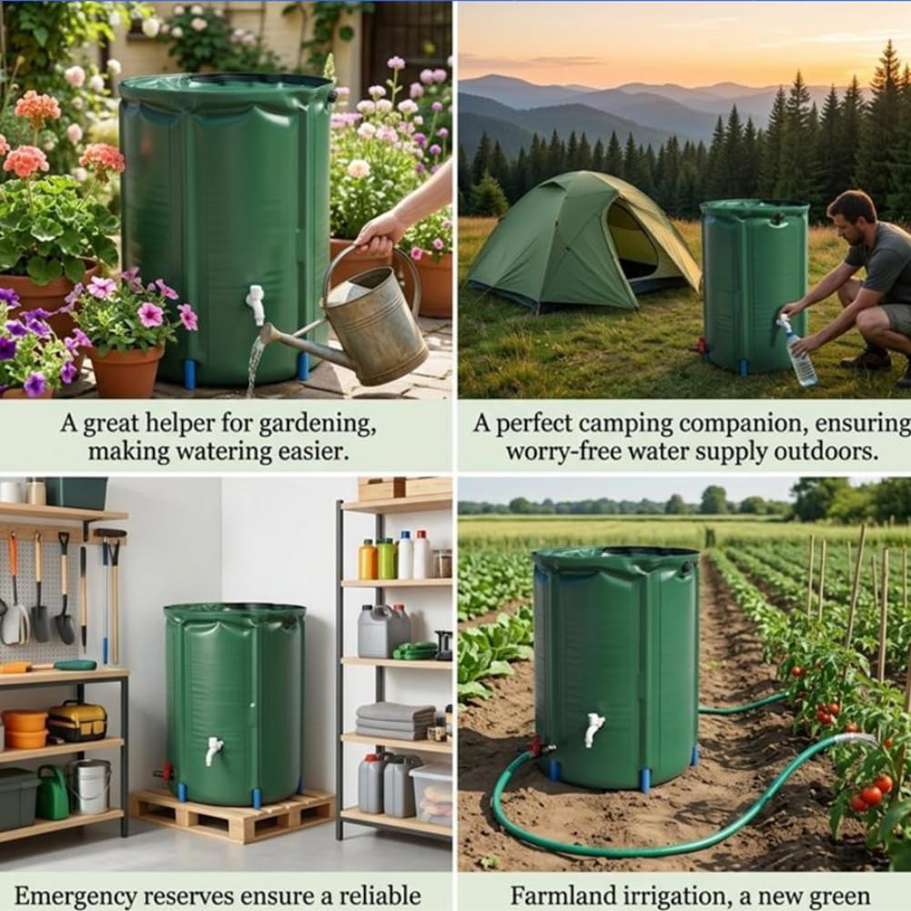 Barril de lluvia plegable, sistema portátil de recogida de agua de lluvia con espiga y kit de desbordamiento, tanque de almacenamiento de agua de jardín