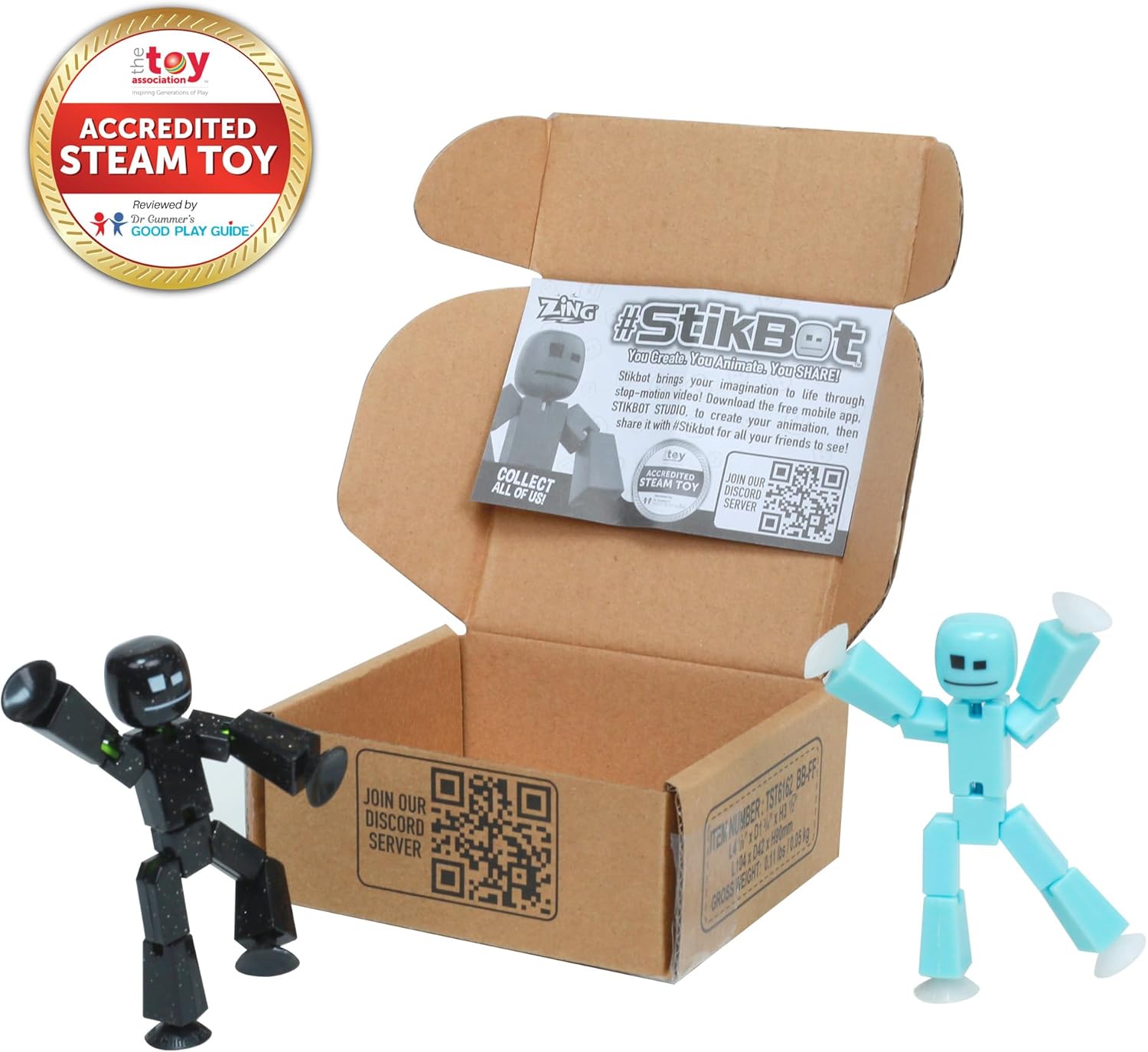 Zing StikBot Dual Pack - Includes 2 StikBots - Collectible Action Figures and Accessories, Stop Motion Animation, Ages 4 and Up (Ice Blue+Solid Black Sparkle)