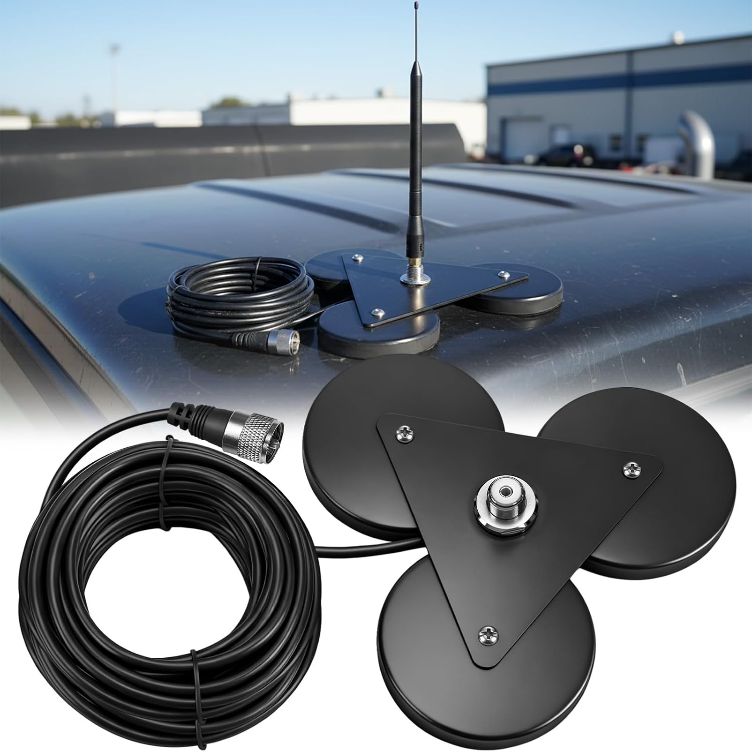 Magnetic Antenna Mount 8.8 Inch Triangle Magnetic Base Mount So-239 Connector with 16.4 ft RG58 Coaxial Cable Pl-259 Plug for Car Bus Mobile Cb Ham Station Radio Truck Marine
