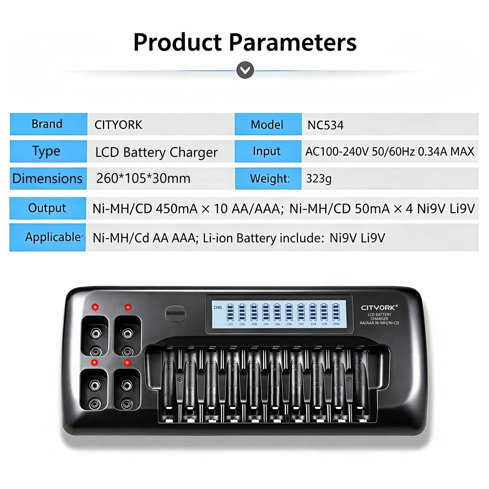 CITYORK Chargeur de batterie universel LCD intelligent 10 + 4 baies pour piles rechargeables AA AAA NIMH/NICD et 9 V NIMH/NICD/Lion rechargeables, charge rapide