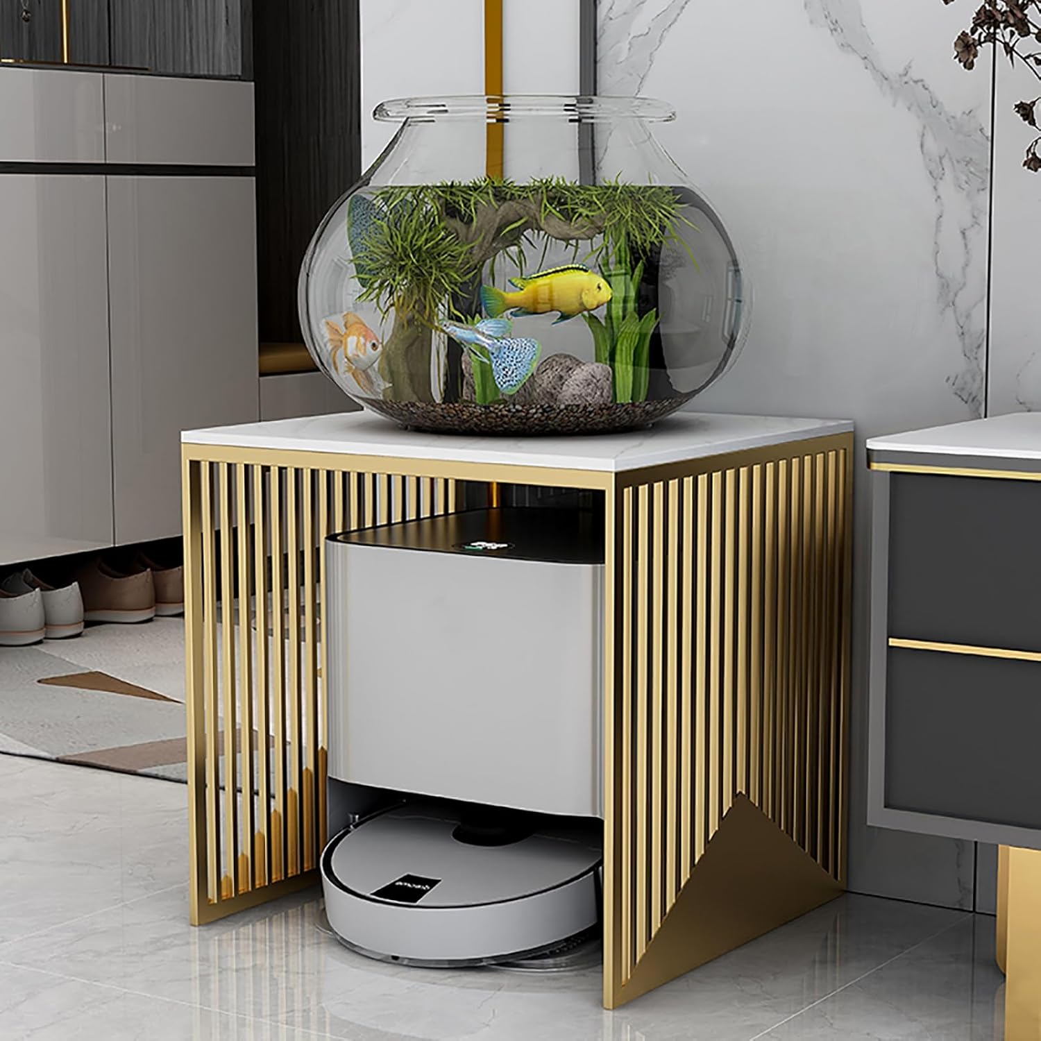 Metal Robot Vacuum Storage Cabinet, Sweeping Cleaner Rack & Side Table, Fish Tank Shelf with Slate Top, Stylish Paint Finish (Gold, 63cm / 24.8in) - Perfect for Home Organization