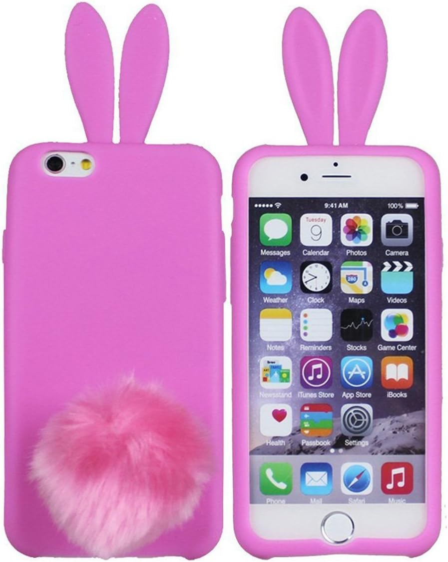 iPhone 6 Case,Cute Lovely Long Ear Design Rabbit with Furry Tail Silicone Bunny Case Cover for Apple iPhone 6 6G 4.7 inch (Hot Pink)