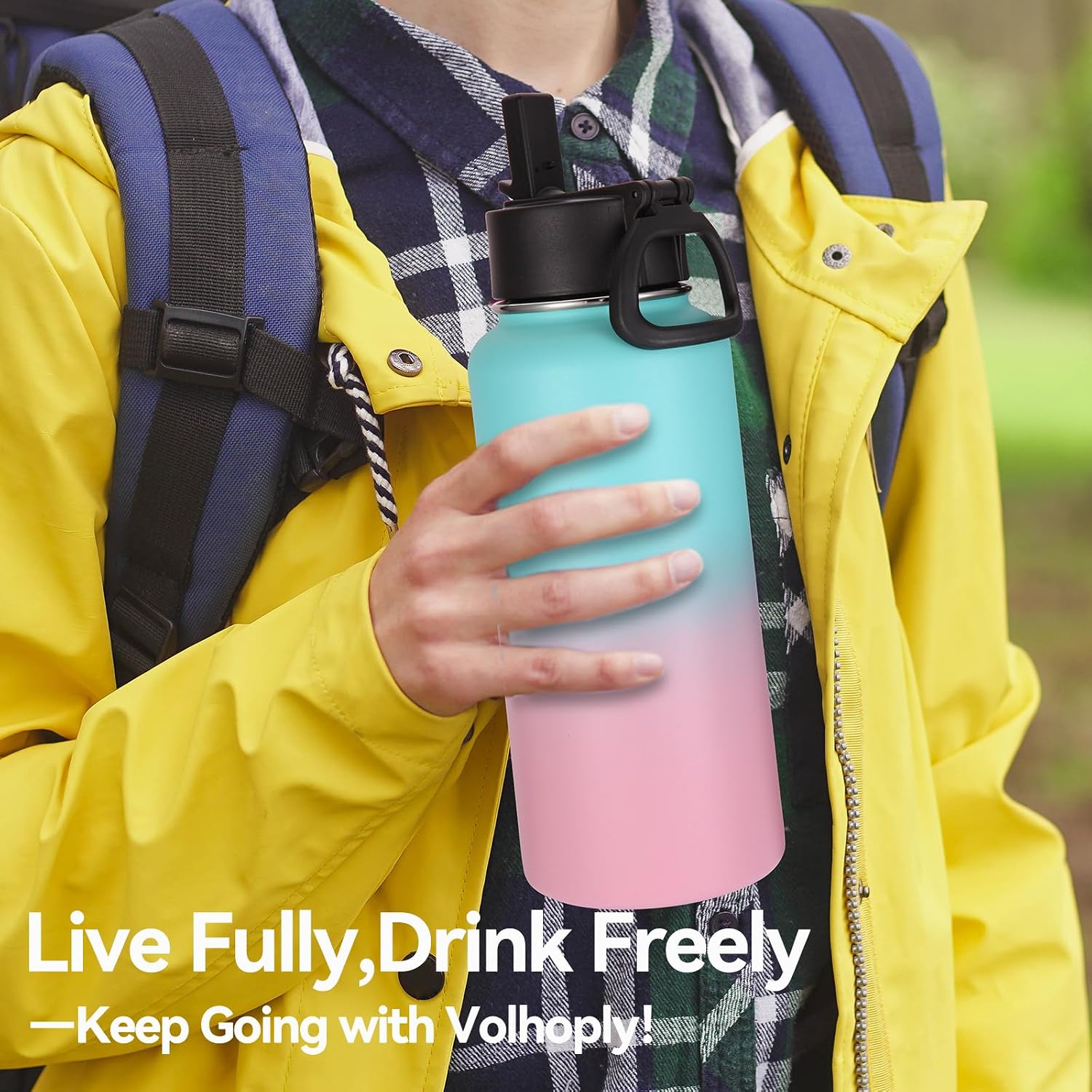 Volhoply 32 oz Water Bottles Bulk 2 Pack with Straw Lid & Spout Lid,Insulated Sports Water Bottle,Double Wall Vacuum Stainless Steel Cups,Leakproof Wide Mouth Metal Flask for Travel(Green Pink,2)