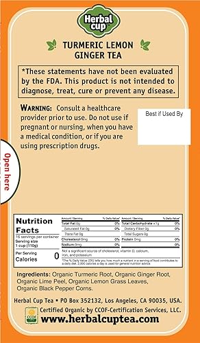 Miniatura 2 de Herbal Cup Té de cúrcuma Ayurveda, jengibre de limón orgánico, té de hierbas sin cafeína (jengibre de limón orgánico, 16 unidades (paquete de 6))