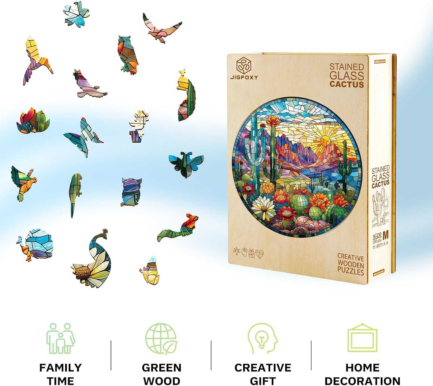 Jigfoxy Wooden Puzzles for Adults, Stained Glass Cactus Wood Puzzle for Adults, Unique Animal-Shaped Wooden Jigsaw Puzzle, Christmas Thanksgiving Gifts for Family and Friends (M-11.4 * 11.4in-200pcs)