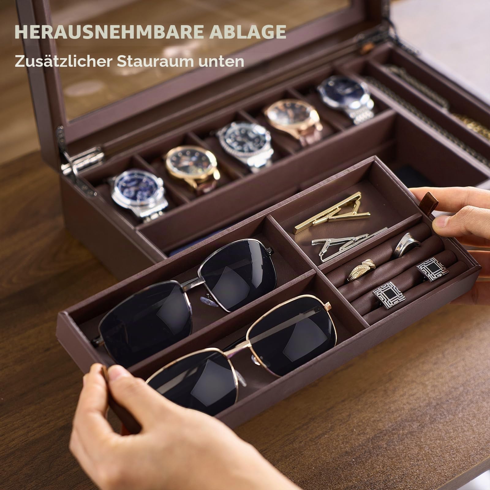 ProCase Uhrenbox Schmuckaufwahrung, 5 Fächern Uhrenkoffer mit Glasdeckel Herausnehmbare Teilerbox, Herrenschmuckbox für Ringe Armbänder Sonnenbrillen -Espresso