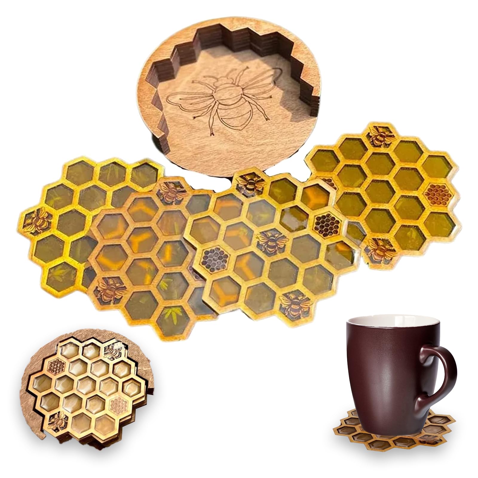 Coasters Set for Drinks with Holder, 4pcs Honeycomb Shaped Drink Coasters, Resin Material Mug Coaster, Home Decor Housewarming Gift, for Cold/Hot Drinks、 Wine Glasses、 Beverage Mugs