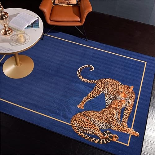 Alfombras de área de leopardo, 3 x 4 pies, estampado de hoja de palma de guepardo amarillo y borde dorado, alfombras absorbentes azul lago con