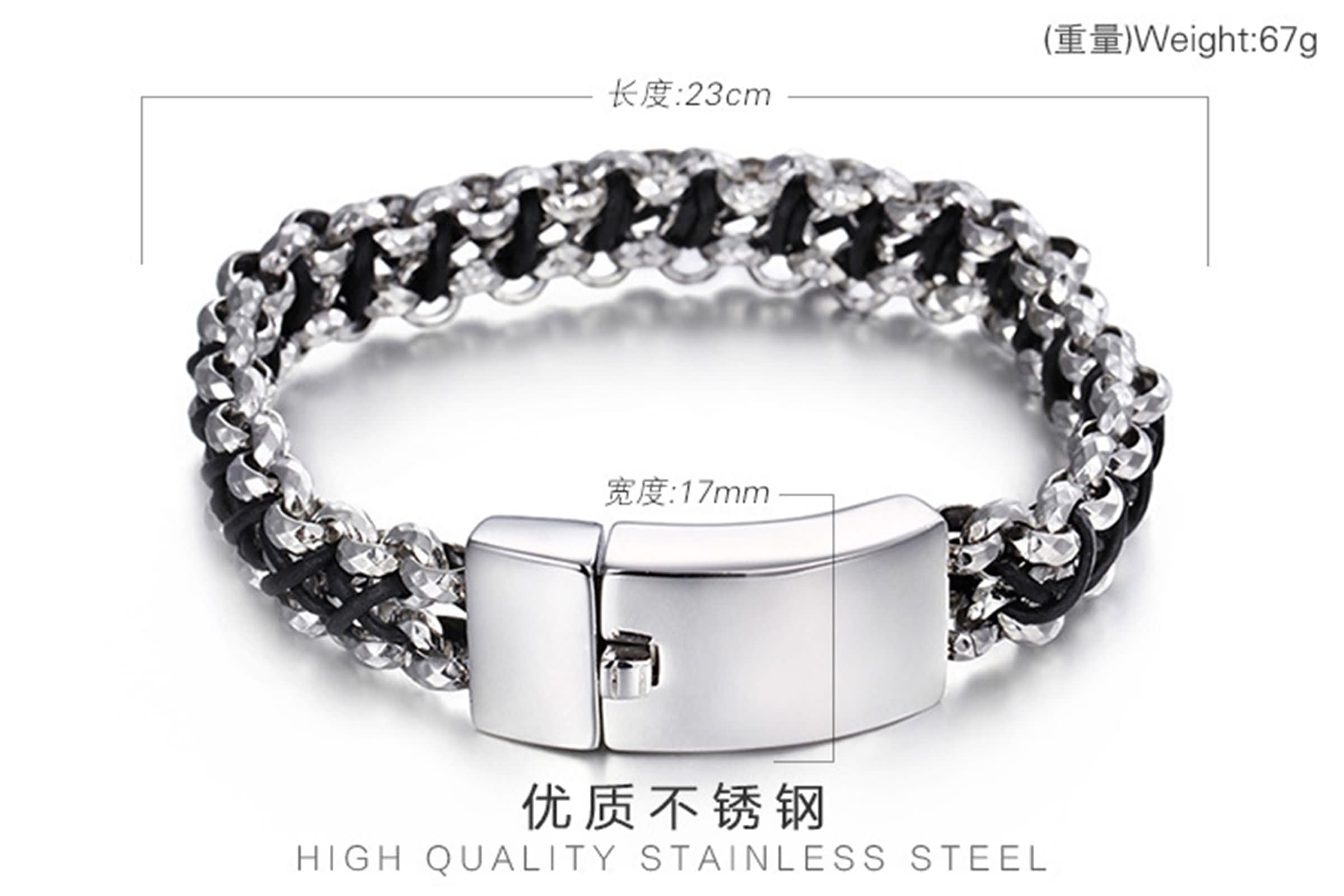 Bracciale Catena Uomo Argento Nero,Bracciale da Uomo Acciaio Inossidabile Catena e Pelle Bracciali Uomo 23 CM