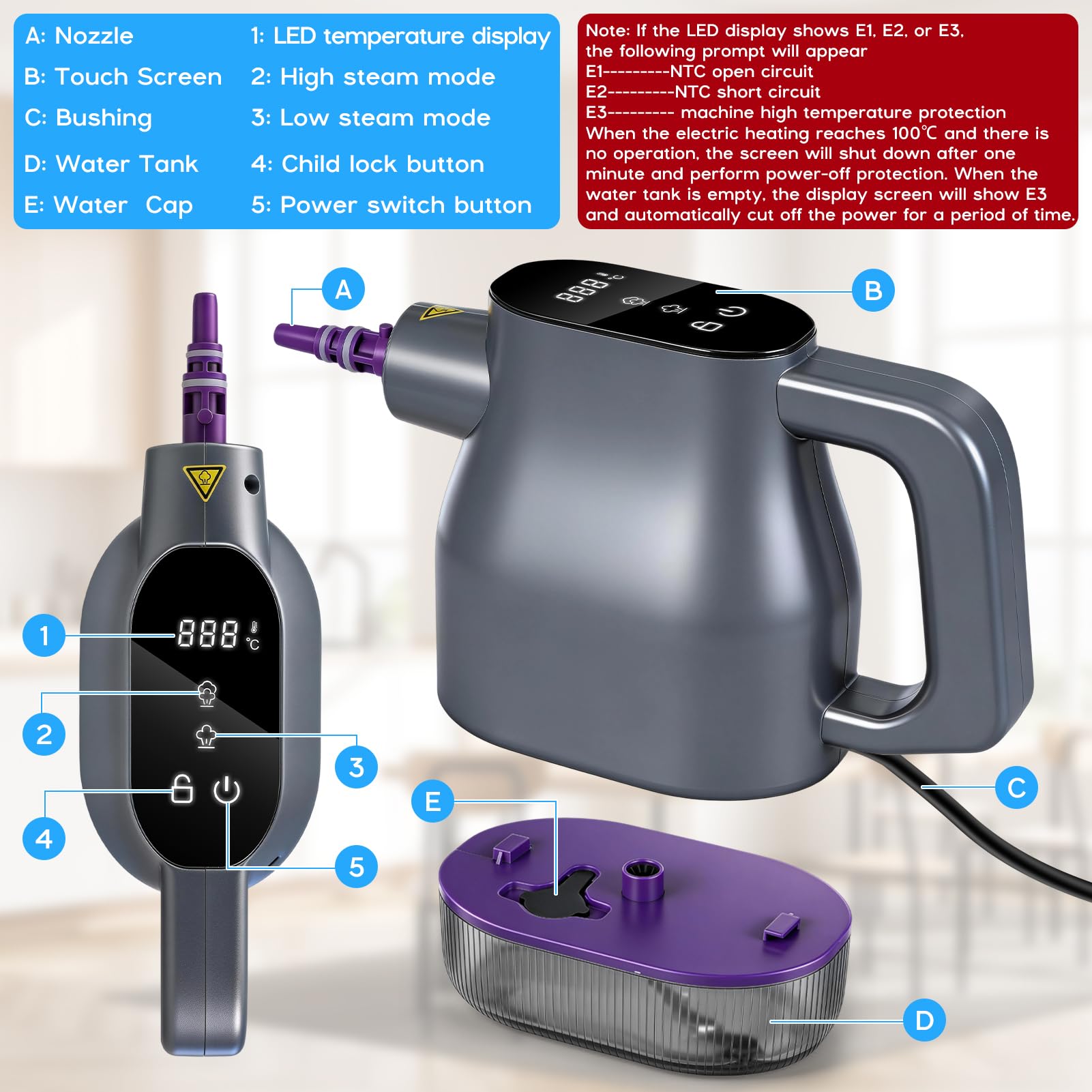 1350W Pulitore a Vapore Portatile con Riscaldamento Rapido 15s a 130°C – Touchscreen, Blocco Sicurezza, 400ml Senza Chimici – 9 Accessori per Auto, Divano, Pavimenti, Bagno, Piastrelle, Finestre