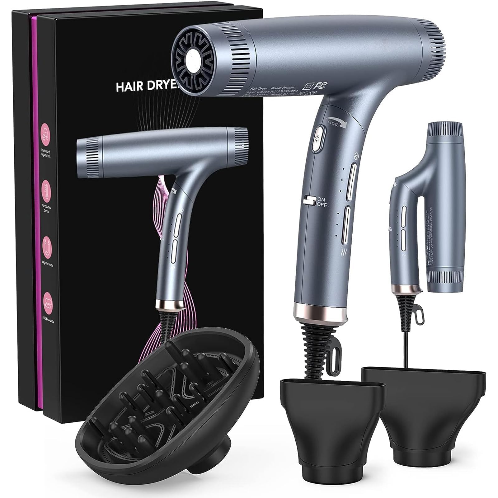 Haartrockner mit bürstenlosem Motor und Ionen-Technologie – Faltbarer, leiser Föhn mit Hochgeschwindigkeit, Magnetdüse und Diffusor für schnelles Trocknen, ideal für Zuhause, Salon und Reisen