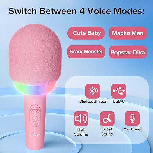Miniatura 9 de Coby Micrófono LED de karaoke  5 modos de luz súper divertidos  4 modos divertidos de cambio de voz  Modo inalámbrico verdadero para dúos  Micrófono