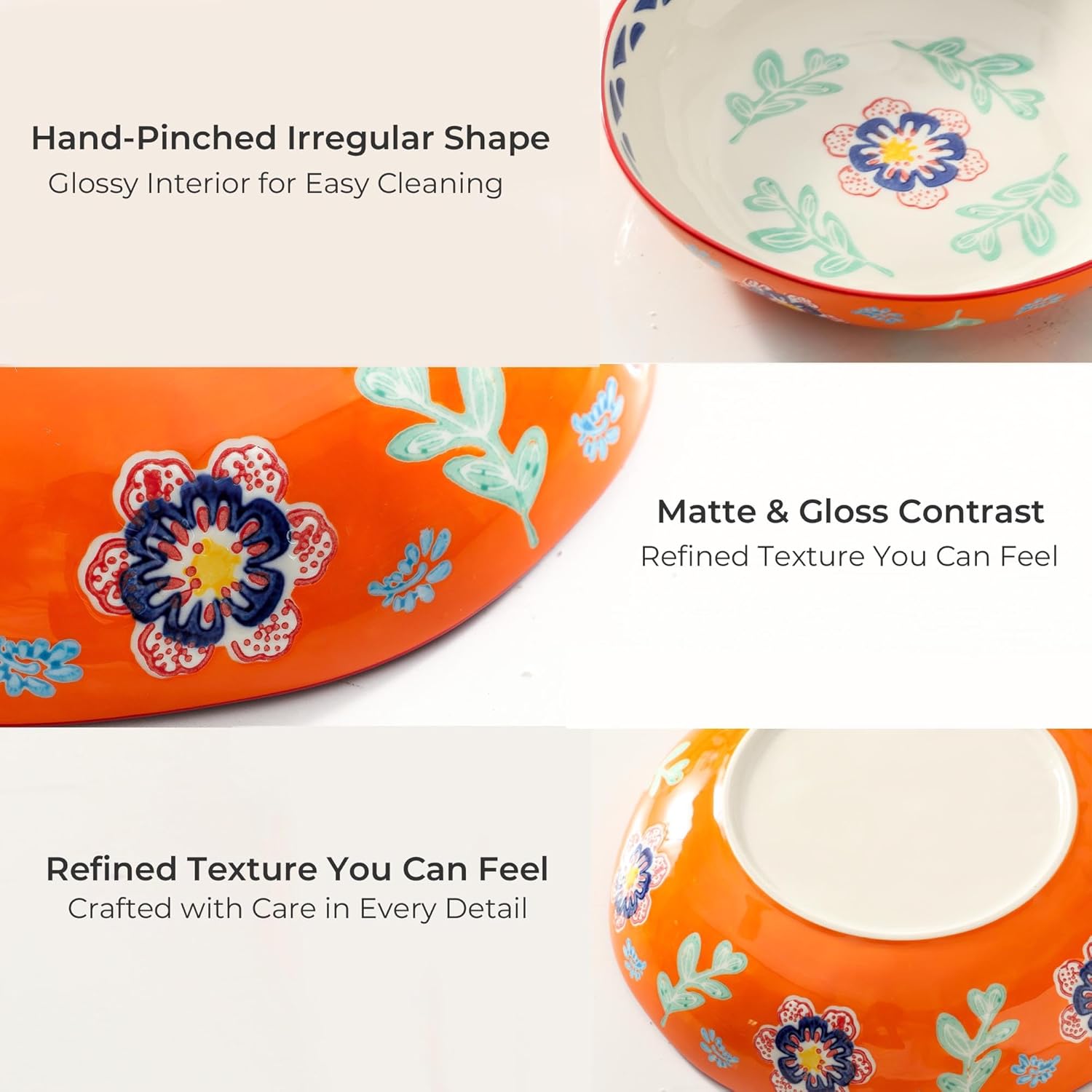UniqueLife Hand-Painted 9 Inch Pasta Bowls Set of 4, Assorted Designs Wide & Shallow Ceramic Dinner Plates for Salad, Soup & Dessert, Microwave Dishwasher Oven Safe up to 480°F, Gift-Ready