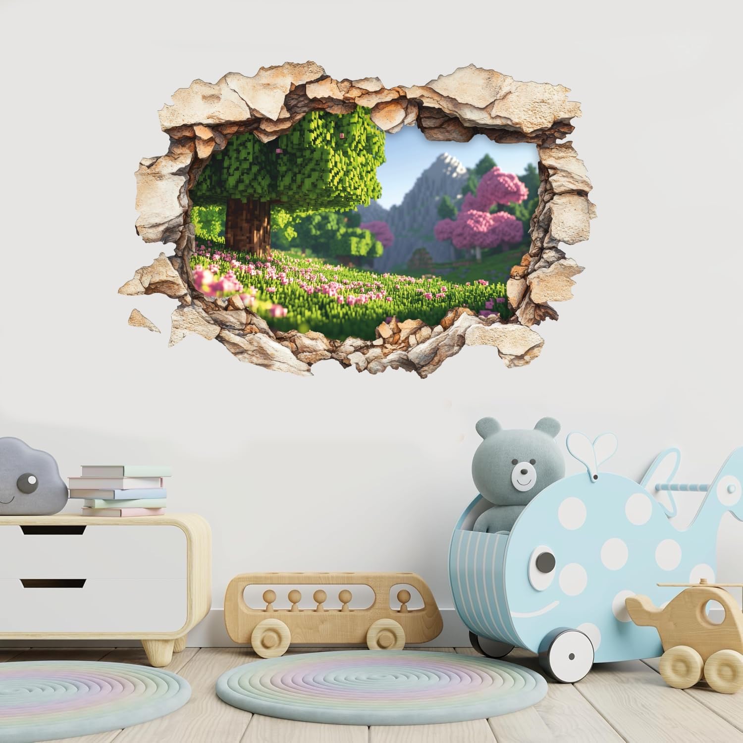 3D Broken Wall Decal – Pixel Block Gamer Wall Sticker – Removable Peel and Stick Vinyl Wall Decor for Gaming Room, Bedroom, Playroom (Pixeled Forest Hill, Vinyl, 16'' x 24'' (40 x 60 cm))