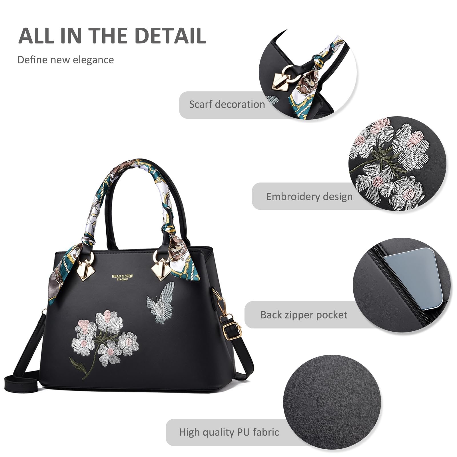 NICOLE & DORIS Sac à Main Femme à la Mode Sac Bandoulière Elégant Sac a Main Porté Epaule PU Cuir Sac D'épaule Impermeable Sac Pochette Avec Fleur Broderie