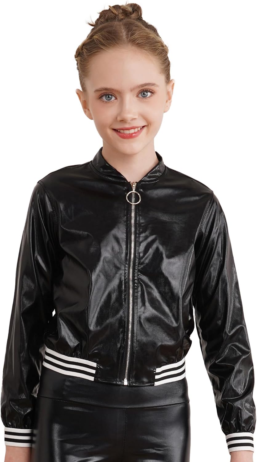Boys Girls 2 Piece Modern Hip Hop Jazz Dance Outfit Metallic Long Sleeve Jacket and Pants Set Tracksuit