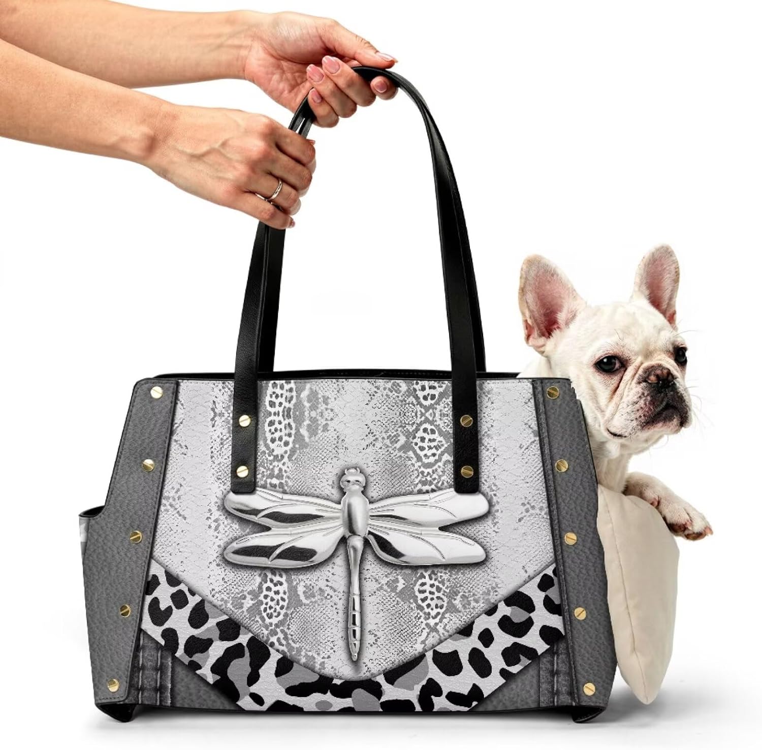 COEQINE Dog Purse Carrier for Small Dogs 15 Pounds Luxurious Leather Dragonfly Leopard Print Gray Small Dogs Carrier Sling Bag Bags for Travel Leather Tote Bag for Women with Pet Holiday Shopping