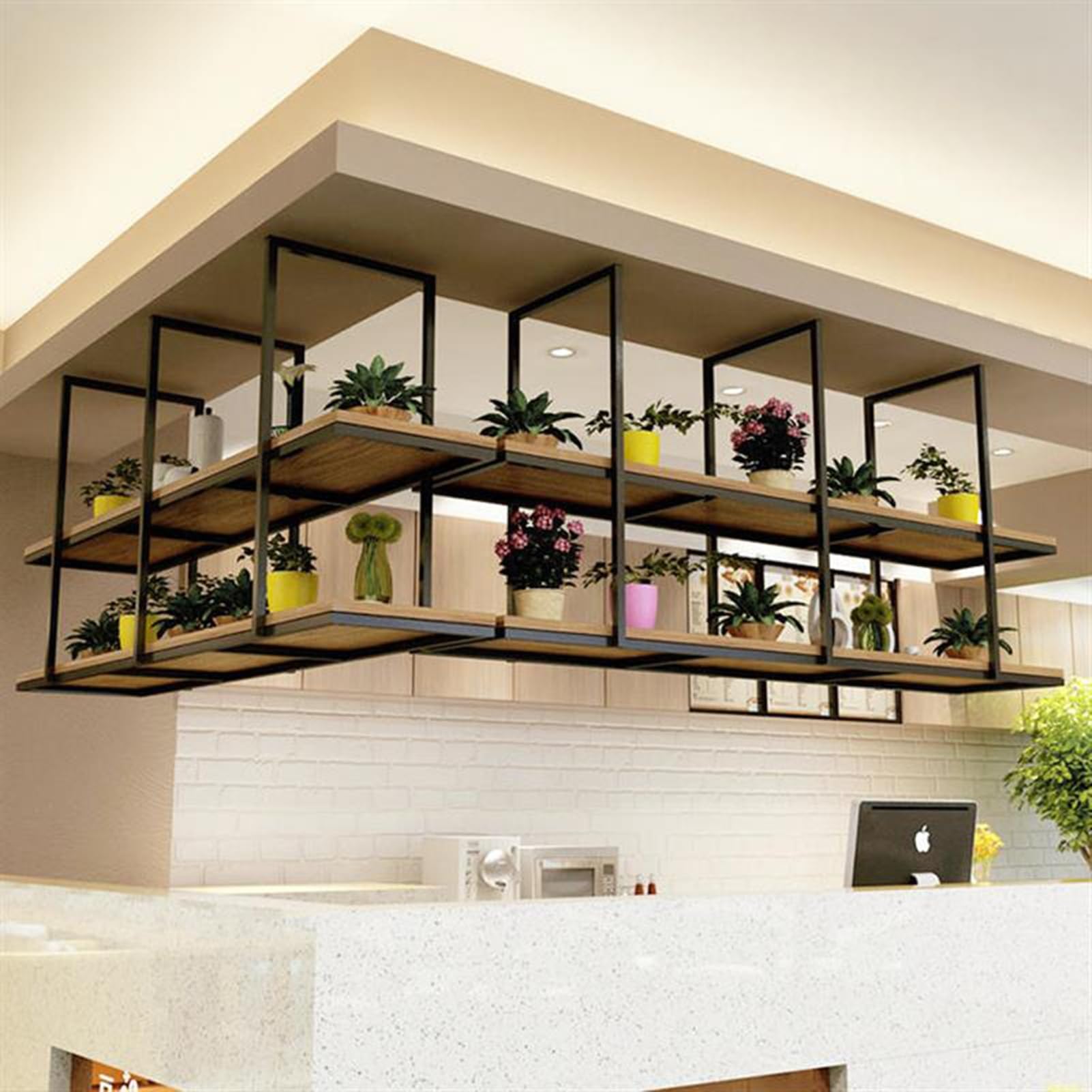 GFRWKCEX Wine Rack Flower Plant Hanging Stand - Metal Iron Ceiling Display Shelf, 2 Tier Floating Decorations Holder, Bar Counter Decor Shelving(110x30x80cm)
