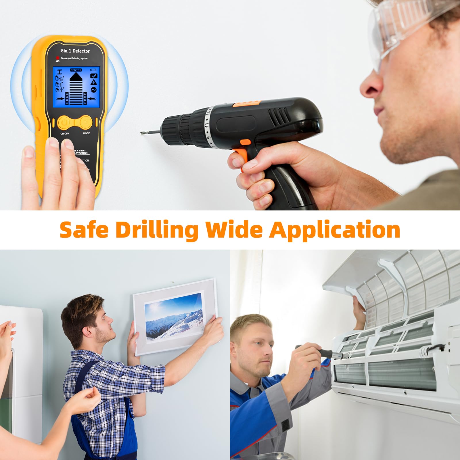 Wiederaufladbarer 5-in-1 Stud Finder Wandscanner – LCD Display & akustisches Signal, Balkensucher für Holz, Metall & Stromkabel, USB Wanddetektor für TV-Montage, Regale & Heimwerker