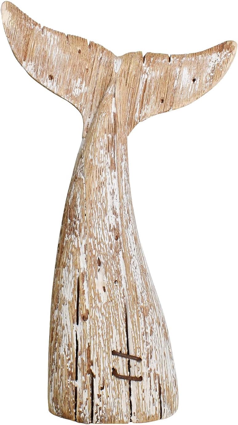 K KILIPES 8.5" H Wood Whale Tail Table Top Statue Figurines Rustic Antique Whale Tail Beach Nautical Carving Sculpture Coastal Ocean Themed Home Decor (S)