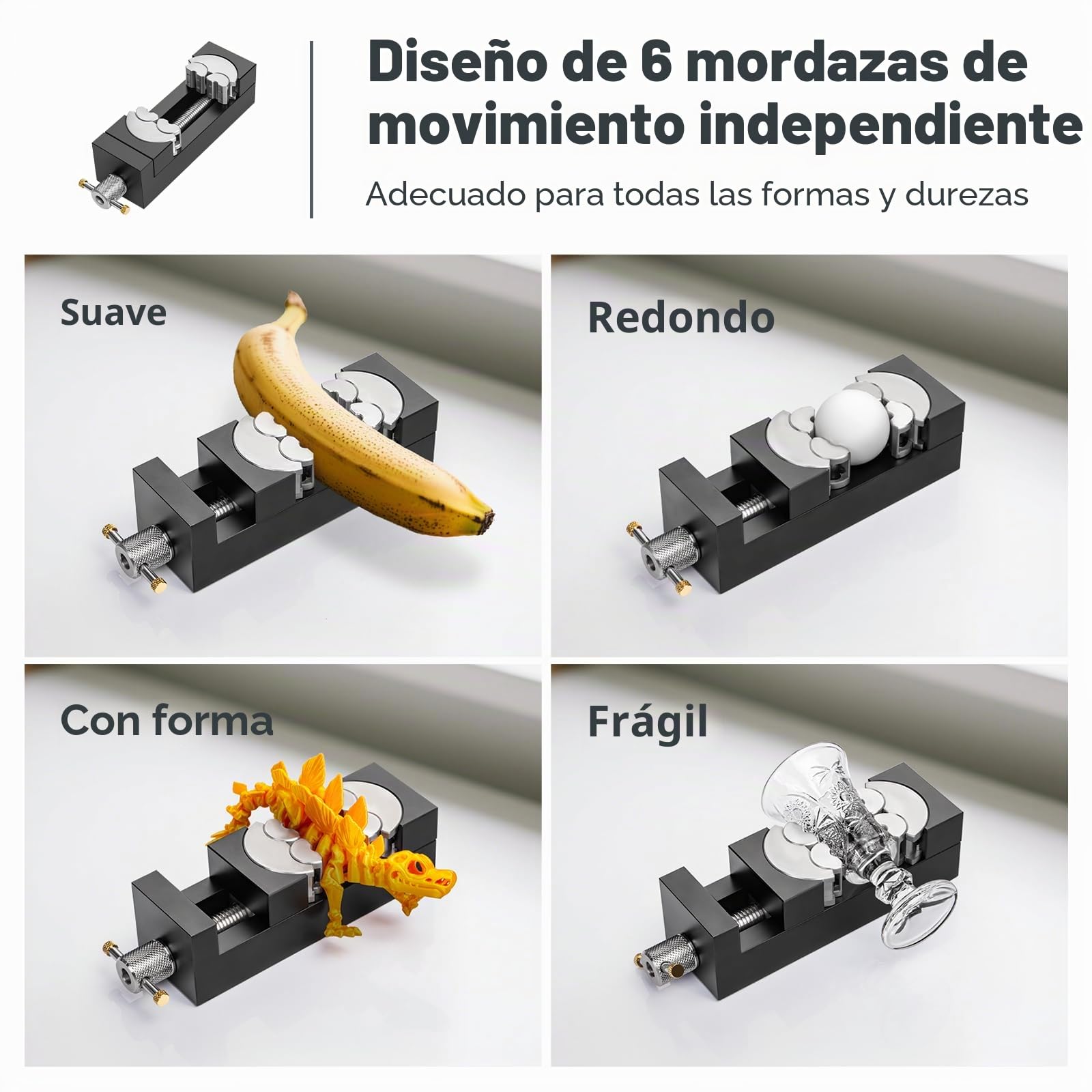 WhiteRhino Tornillo fractal inteligente – mini-tornillo de banco autoajustable con 6 mandíbulas independientes para formas irregulares – tornillo de taladro para bricolaje, joyería & reparaciones