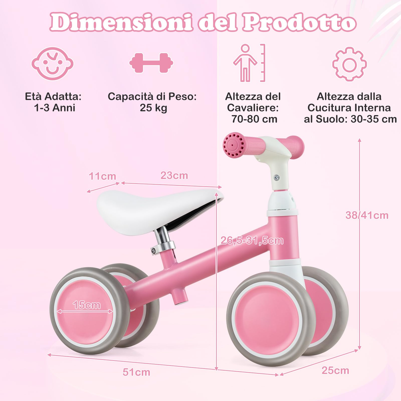 COSTWAY Bicicletta Senza Pedali per Bambini 1-3 Anni, Bicicletta Equilibrio con 4 Ruote, Manubrio e Sella Regolabili in Altezza, Bici per Bambini, Portata 25 kg