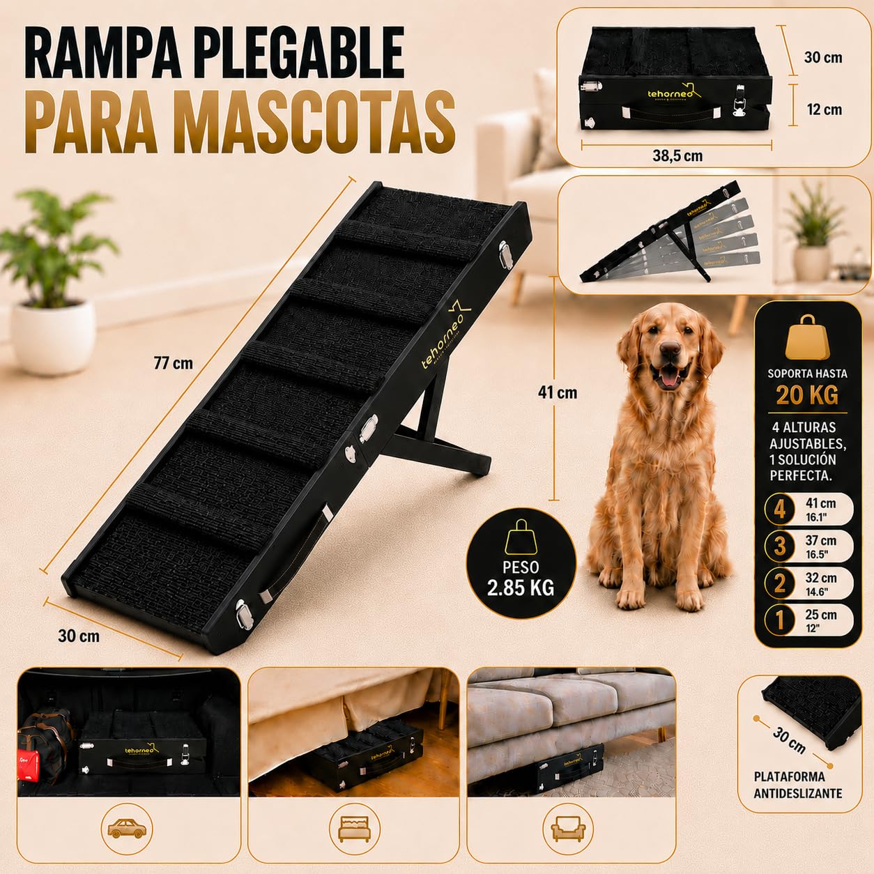 TEHORNEO Rampa para Perros, Rampa para Perros Cama 4 Alturas Ajustables 25 cm a 41 cm, Rampas para Perros hasta 20 KG con Almohadilla Antideslizante, Dog Ramp, Ramoa para Perros, Dog Ramp for Bed