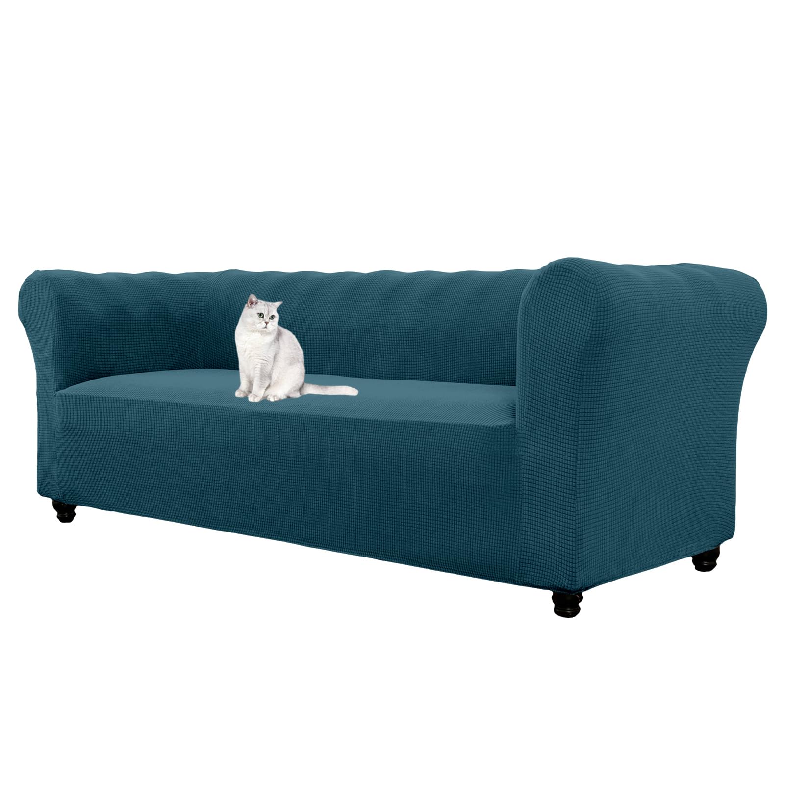 WJHDWYD Jacquard Stretch Chesterfield Sofa Cover, 1 2 3 Seater Sofa Cover with Armrests for Living Room, Non-Slip, Soft, Protector for Curved Furniture and Sofas(Deep Teal,3 Posti)