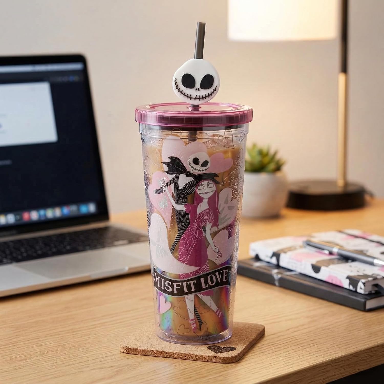 Silver Buffalo Disney The Nightmare Before Christmas Misfit Love Featuring Jack Skellington and Sally Plastic Cold Cup with Lid and Straw Topper, 24 Ounces