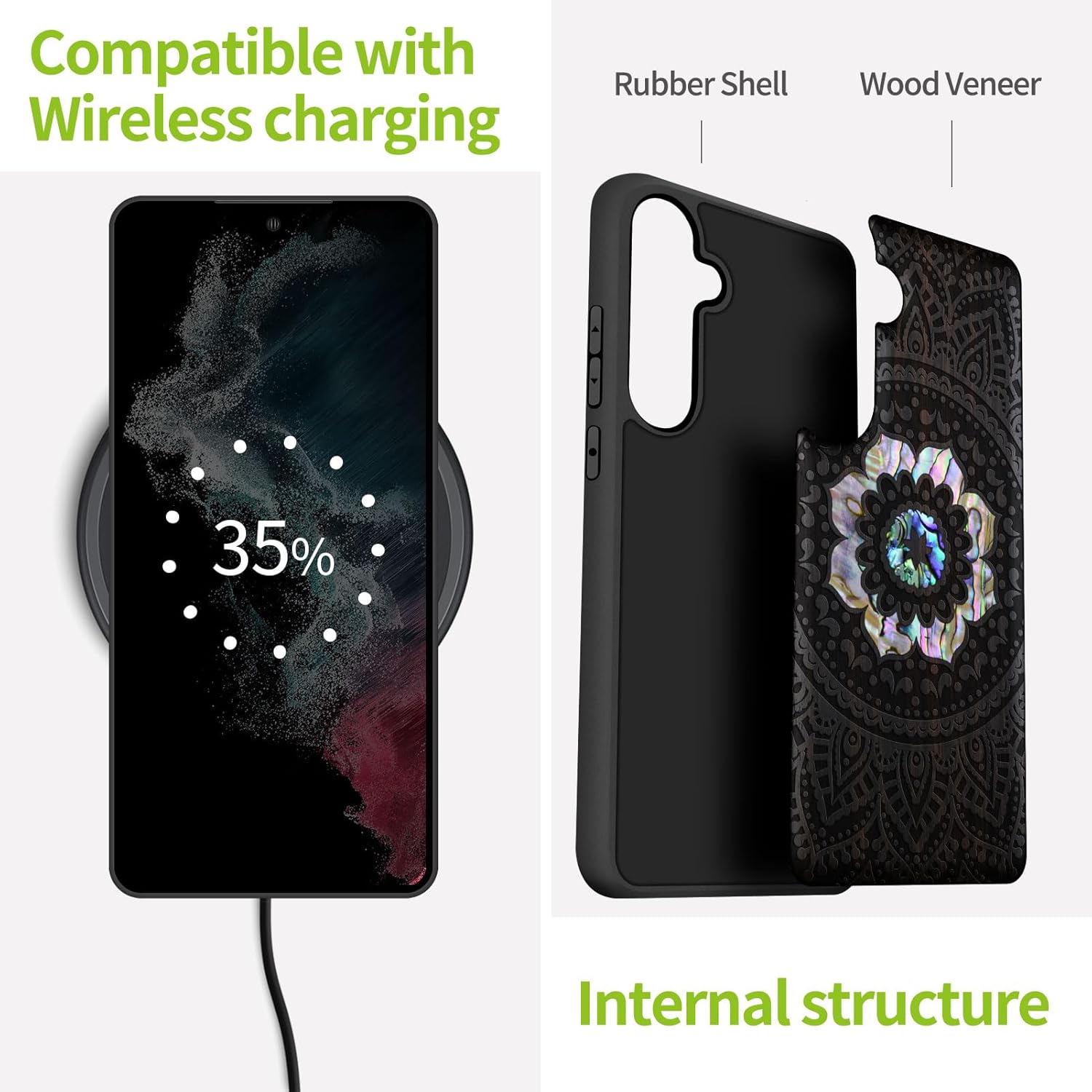 Carveit Designer Wooden Case for Samsung Galaxy S24 Plus Case [Wood Engraving & Shell Inlay] Compatible with Wireless Chargers S24 Plus Cover (Mandala Pattern-Blackwood)