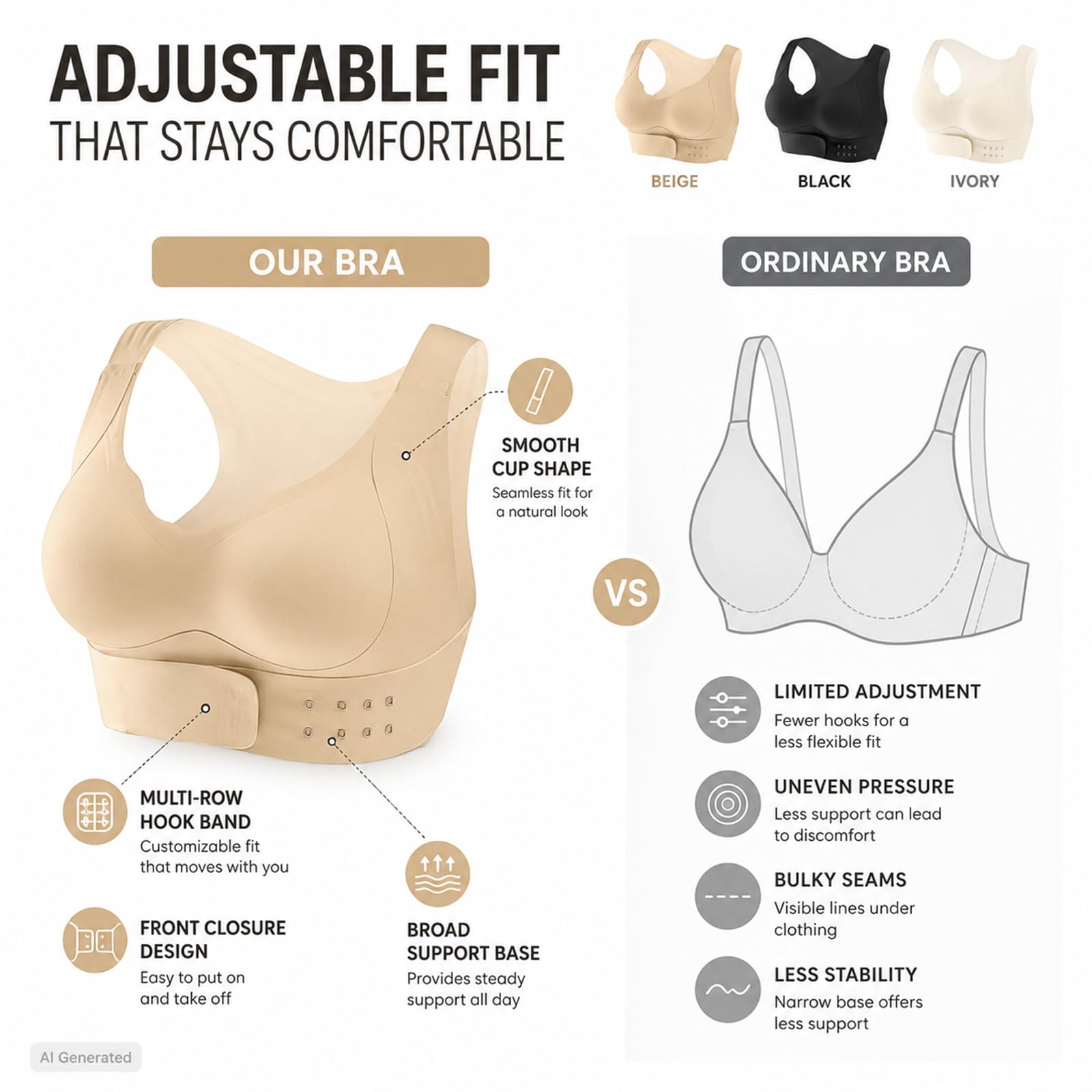 Reggiseno senza ferretto da donna con chiusura frontale incrociata | Spallacci larghi, coppe sagomate, fascia con gancio regolabile, nero avorio e beige, uso quotidiano, yoga, passeggiate