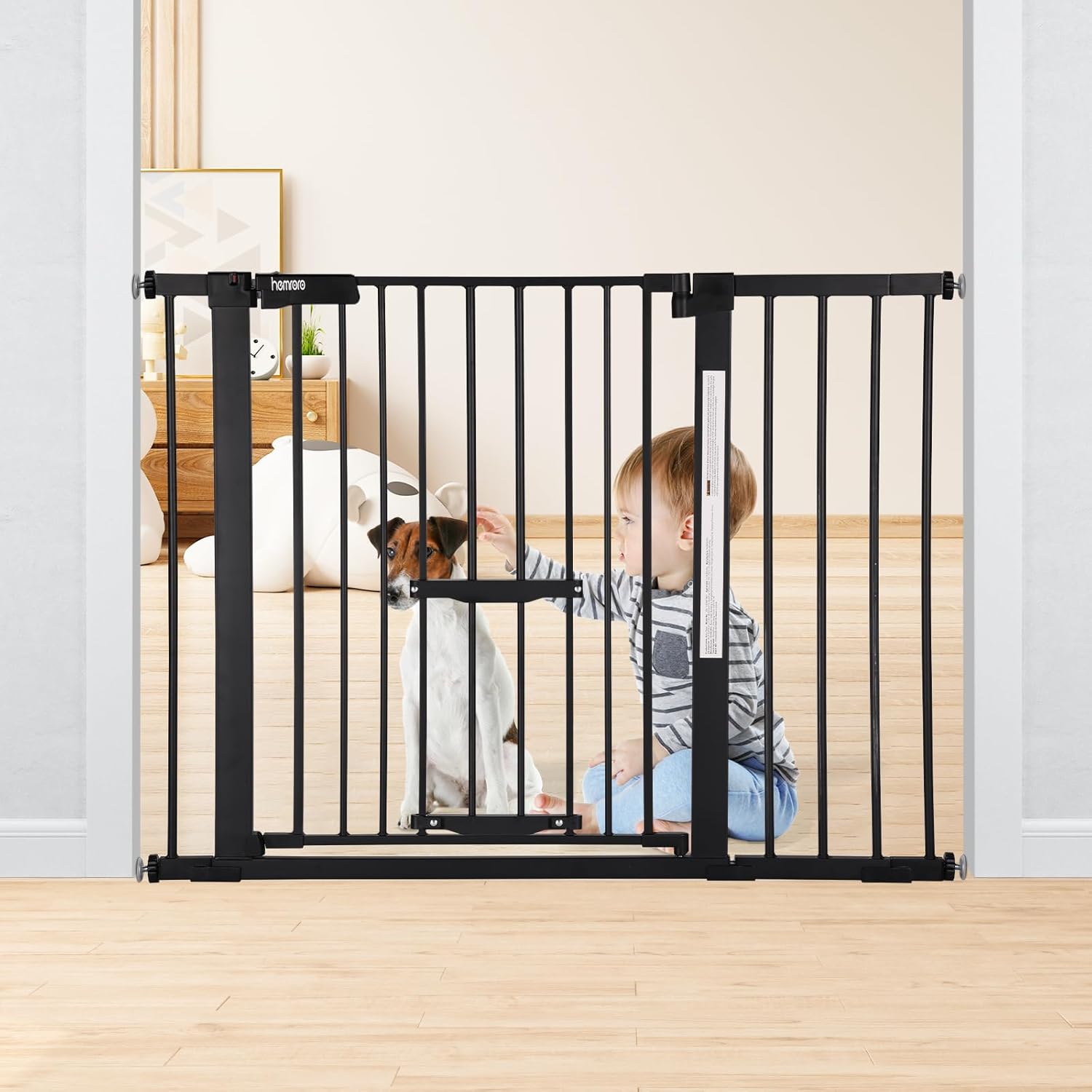 baby gate with cat door, 29-46" wide metal safety dog gate for stairs, doorway, auto close pressure mounted dog gate with pet door,black