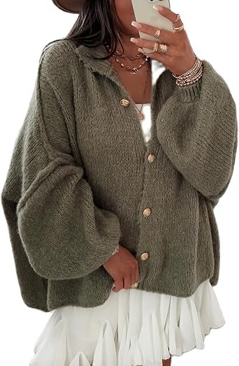 Women Chunky Cardigan Sweaters Winter Button Down Lantern Sleeve Sweater Jackets Y2K Wool Knit Coats Outerwear