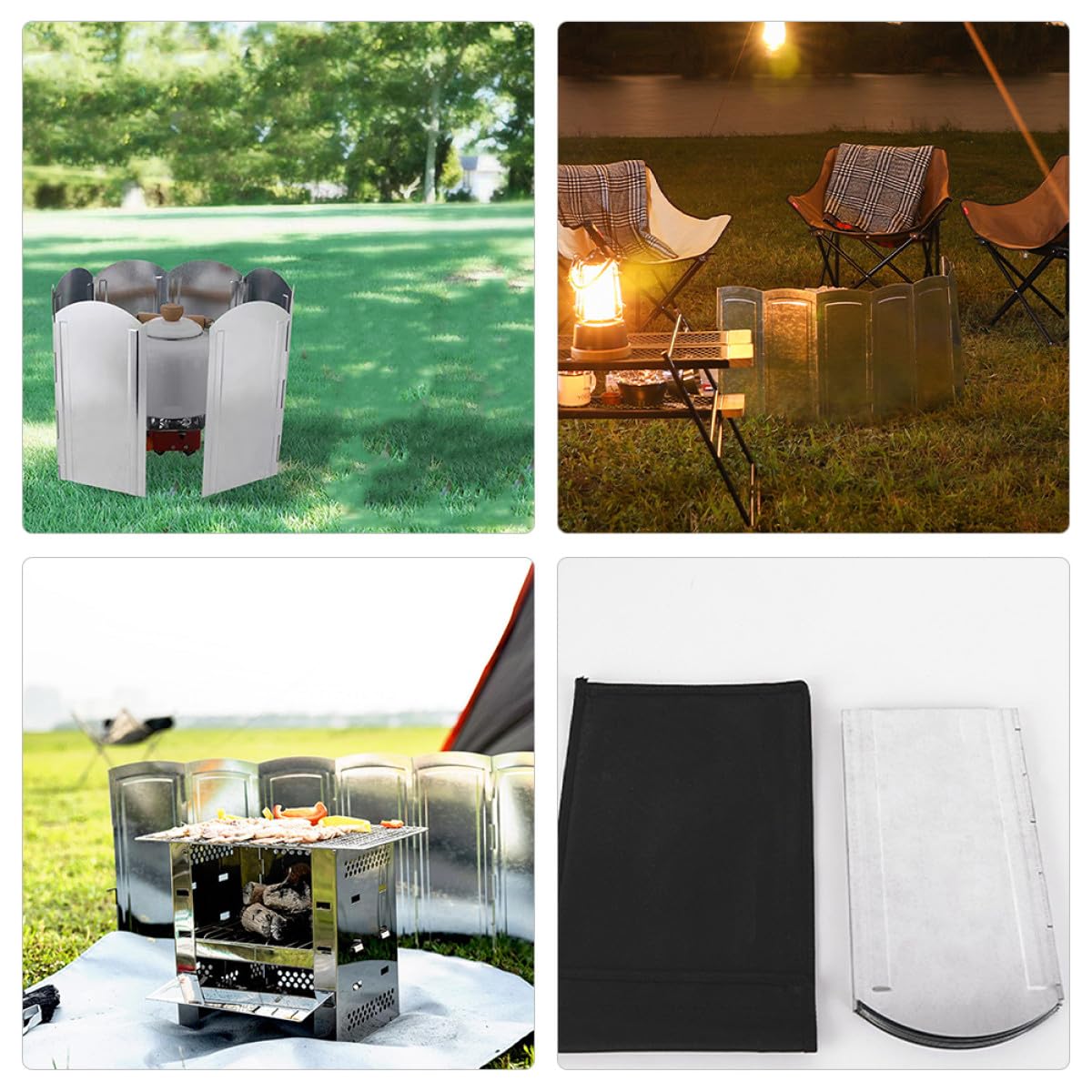 Homoyoyo Parabrisas Plegable Portátil para Estufa de Camping, 8 Piezas de Acero Galvanizado 120x30 Cm, Ligero y Resistente al Viento, Bolsa de Transporte para Picnic y Barbacoas al Aire