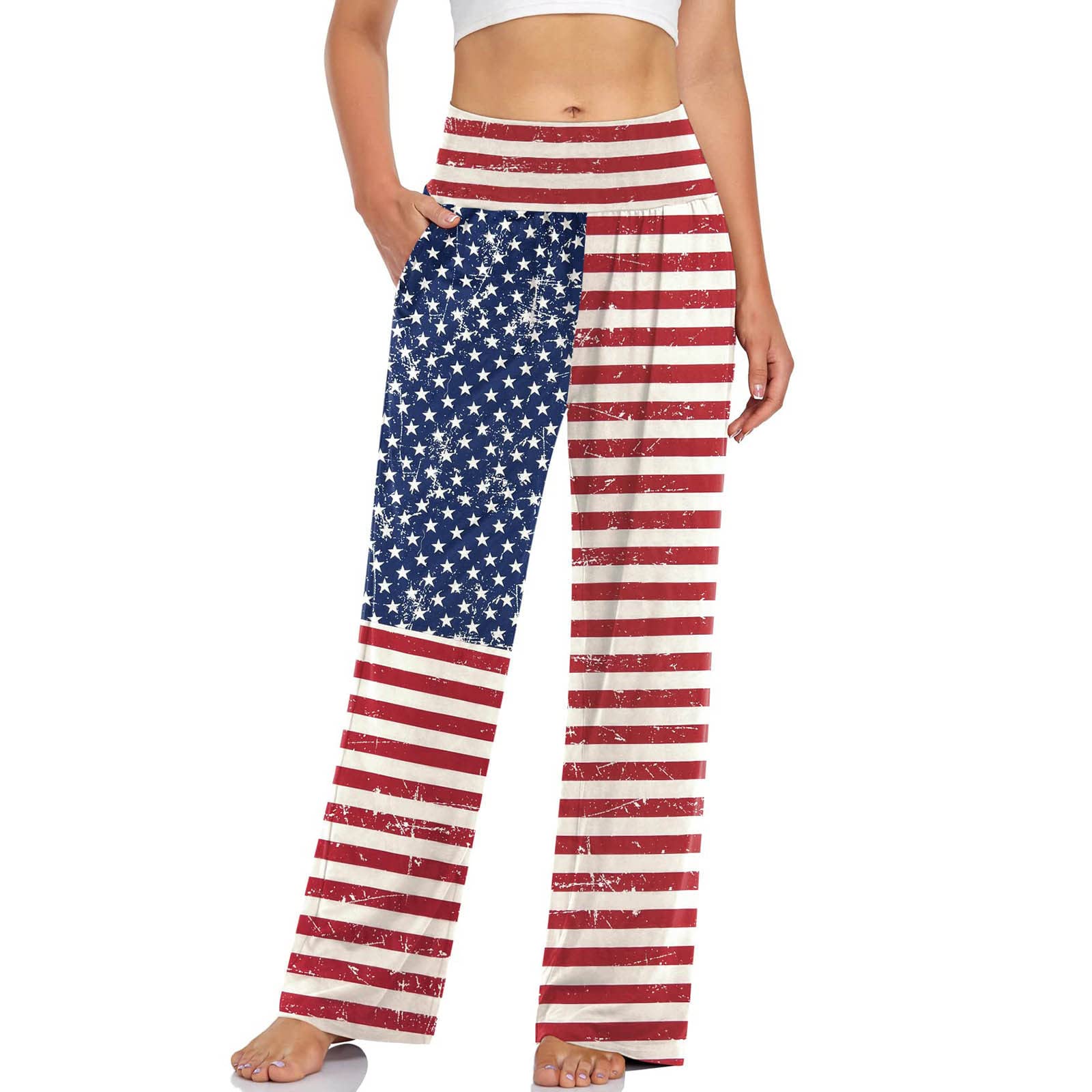 XUNRYAN Women's Casual Wide Leg Yoga Pants 4th of July Sweatpants Loose High Waisted Sports Athletic Lounge Pants w Pockets Blue