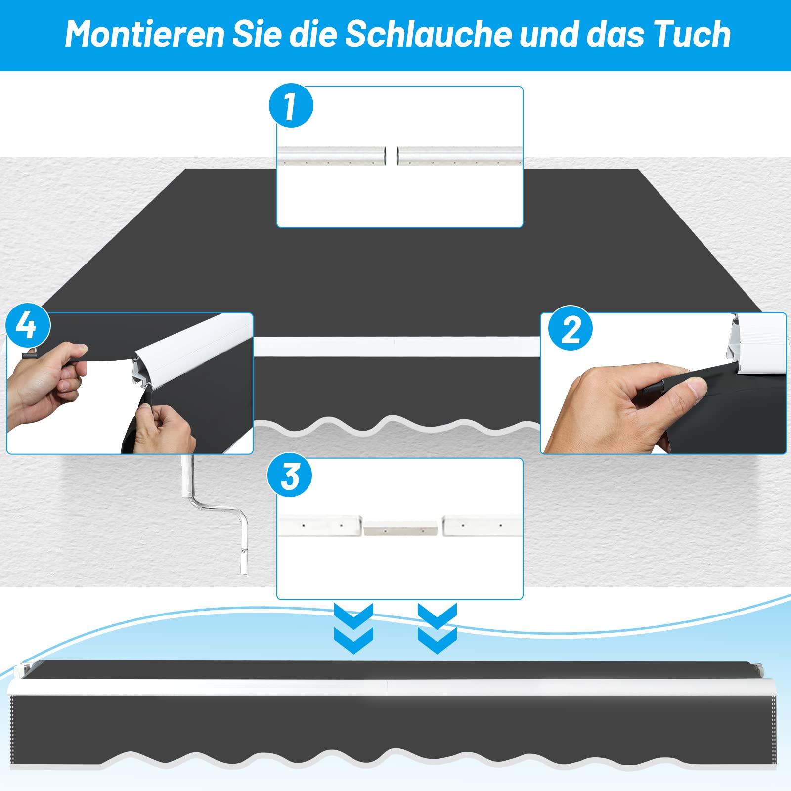 Herrselsam Toldo con brazo articulado, 300 x 250 cm, toldo retráctil con manivela, protección solar contra el agua, ángulo ajustable hasta 30 grados, requiere montaje, incluye soporte de pared, color