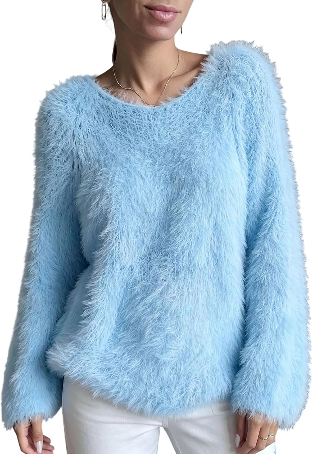 Womens Fuzzy Fluffy Knit Sweater V‑Neck Long Sleeve Warm Pullover