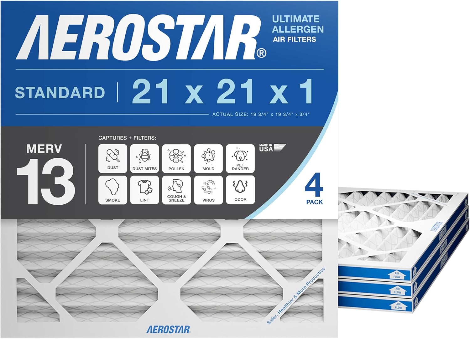 Aerostar 21x21x1 MERV 13-4 Count - Pleated HVAC, Furnace & Air Conditioner Filters - Removes Bacteria, Dust, Cold & Flu Germs, Lint, Mold, Pet Dander, Allergy-Causing Pollen, Smog, Smoke & Viruses