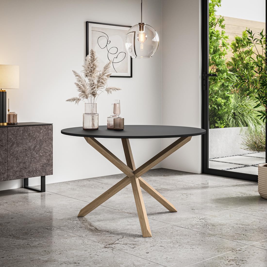 More4Homes MALVERN 4-6 SEATER ROUND DINING TABLE w SOLID OAK LEGS (Black)