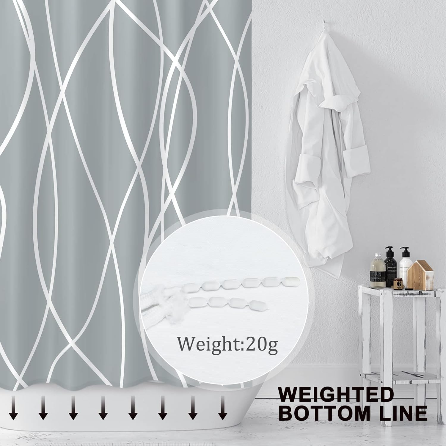 Punkray Light Grey Shower Curtain for Bathroom with Hooks, Shower Curtain Set Stripe Bath Curtains Decorative White Shower Curtains Weighted Hem Water Repellent Washable, 72 x 72