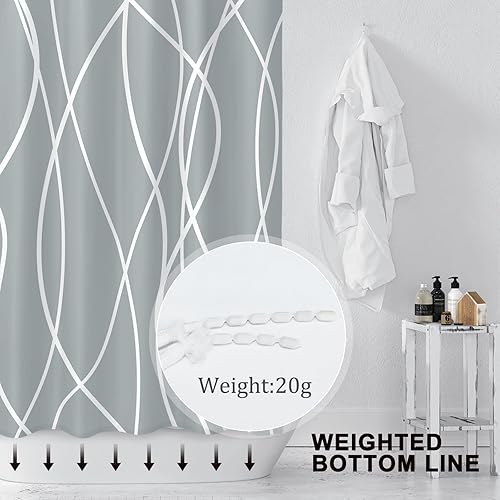 Miniatura 3 de Punkray Cortina de ducha gris claro para baño con ganchos, juego de cortinas de ducha a rayas, cortinas de baño decorativas blancas con dobladillo