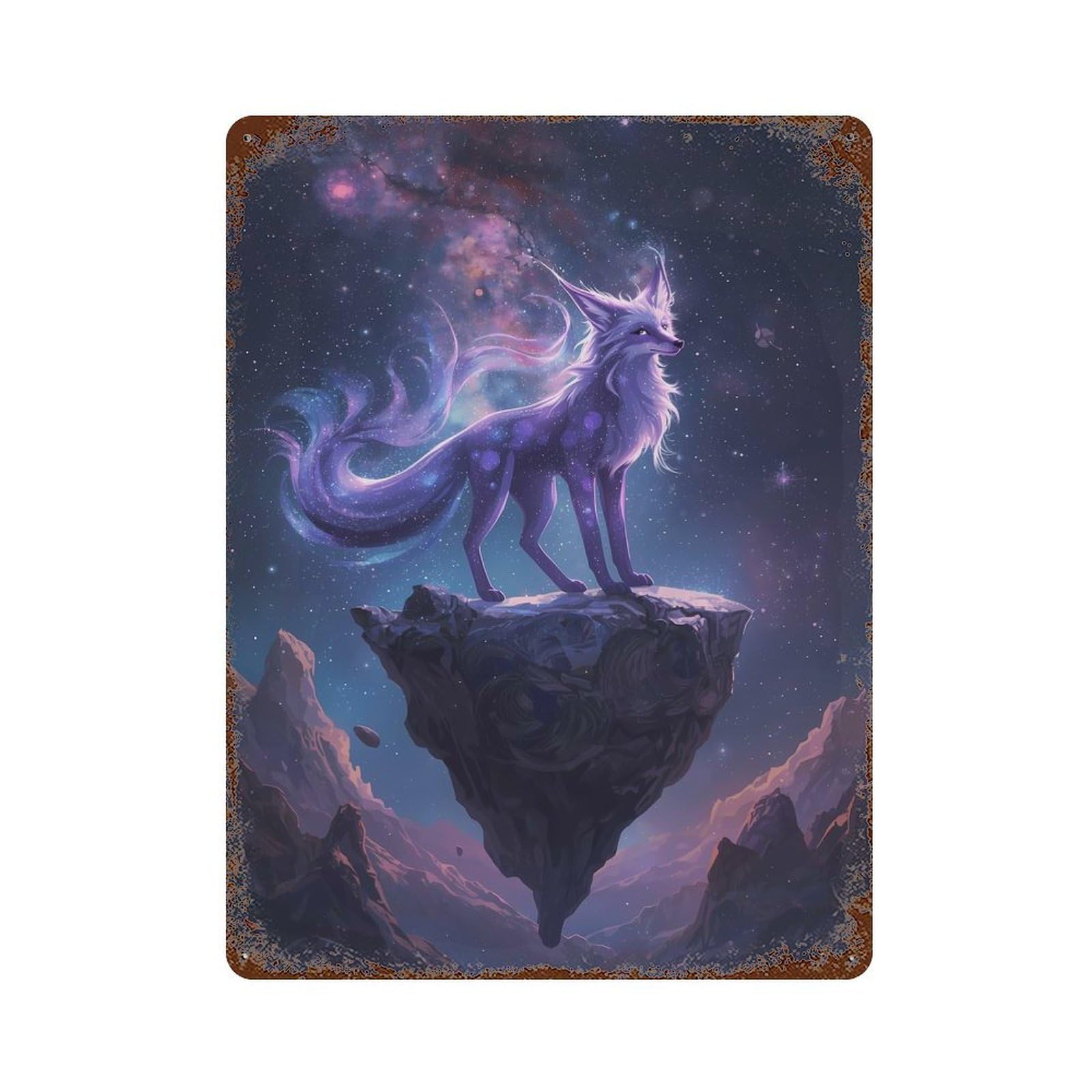Decorative Tin Sign Celestial Fox on Floating Island 15.7"x11.8", Vintage Wall Decor for Pub, Kitchen And Man Cave Decor