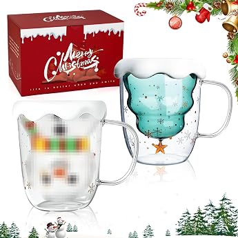 Set of 2 Christmas Mugs Double-Walled Coffee Glasses Christmas Glasses in Snowman & Christmas Tree Shape Funny Christmas Gifts for Women Children Men for Hot and Cold Drinks 300 ml