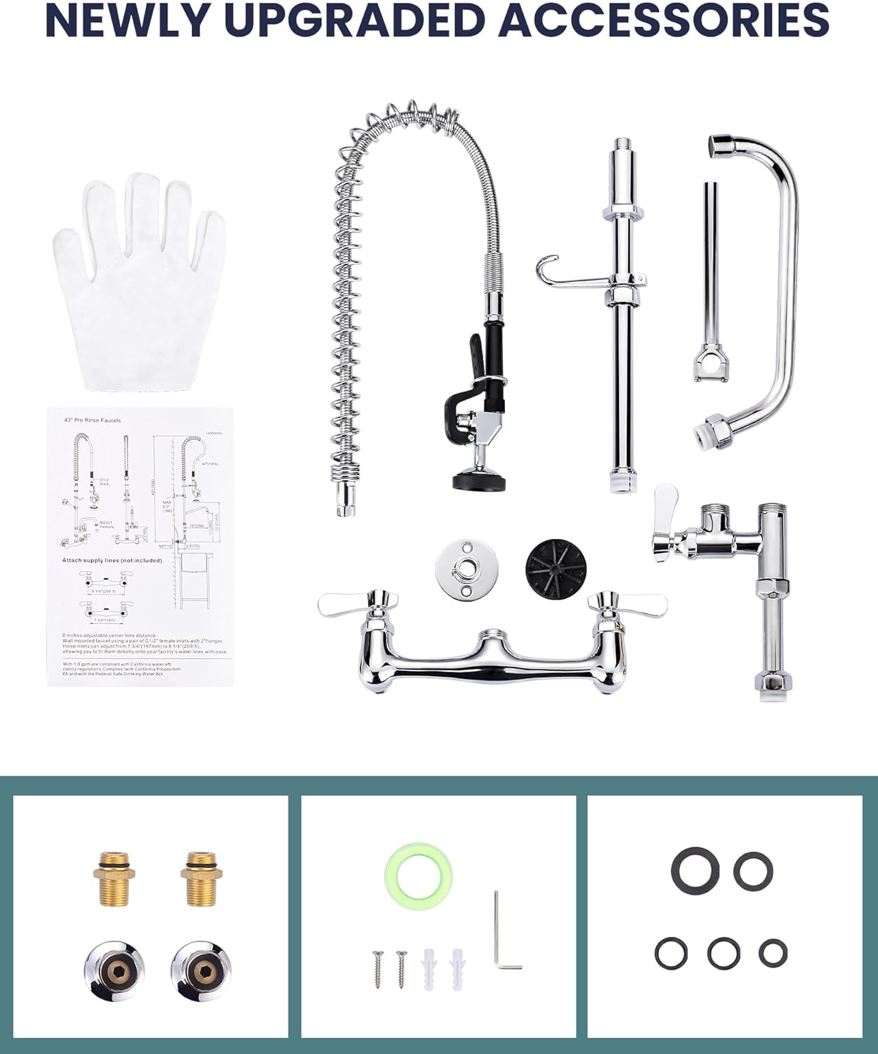 36" Height Commercial Faucet Wall Mount with Sprayer 8" Adjustable Center 10" Swing Spout, Kitchen Sink Faucet with Pull Down Pre-Rinse Sprayer for Restaurant Industrial Kitchen, Chrome