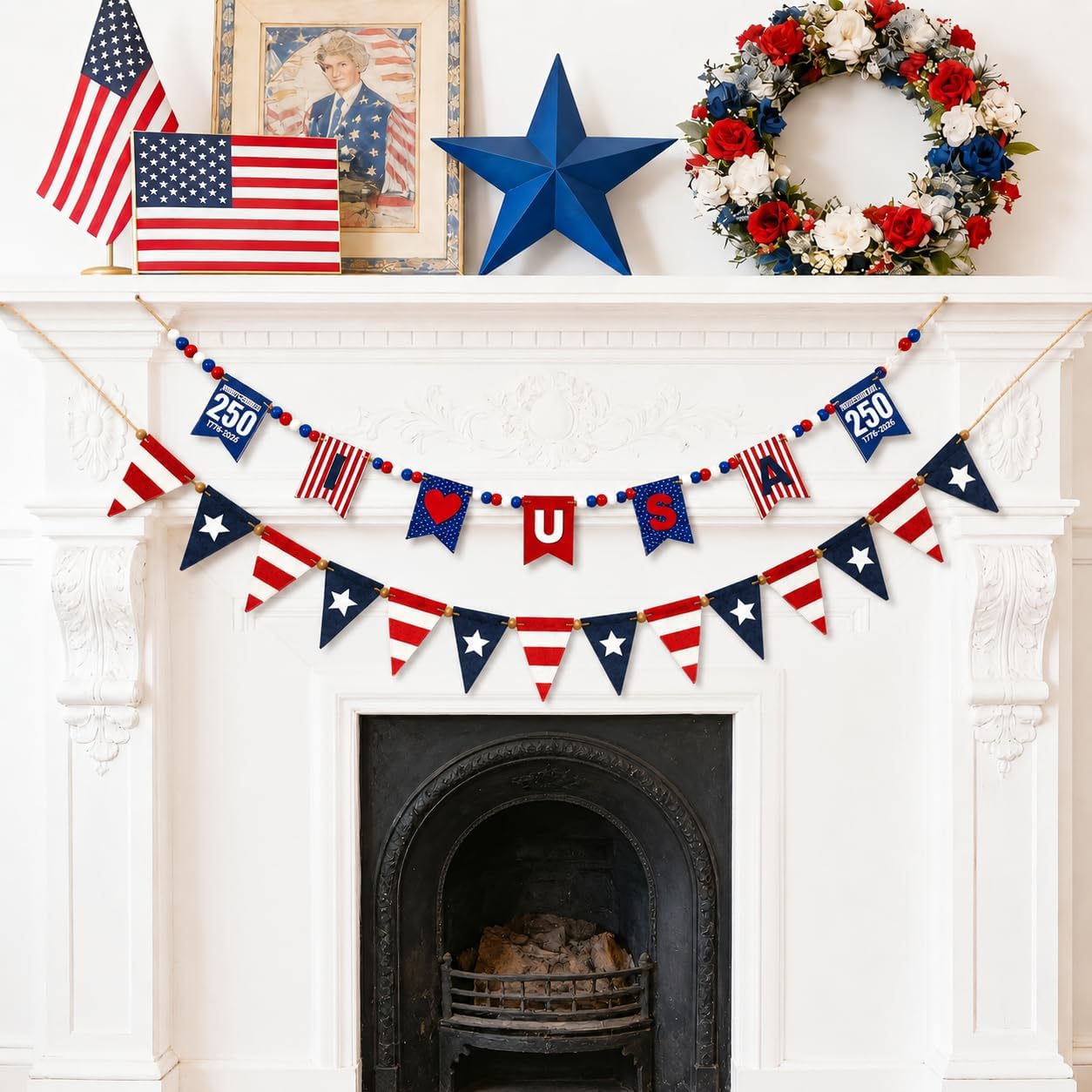 9.8 FT 4th of July Patriotic Garland, 2Pcs Independence Day American Flag Wood Bead Garland for Mantel, Red White Blue 4th of July Decorations for Home Wall Independence Day Memorial Day Decor
