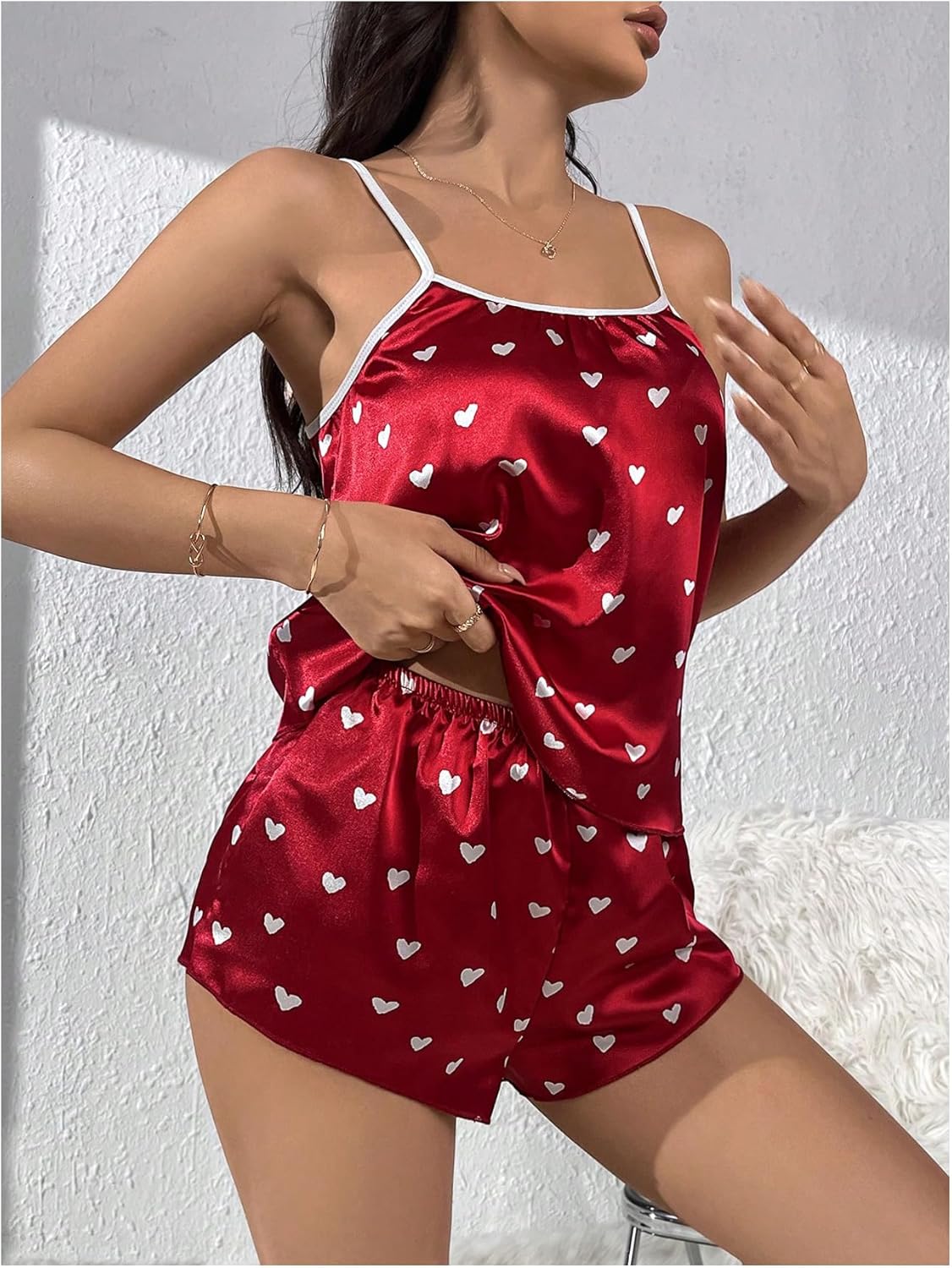 SweatyRocks Women's Satin Pajama Set Heart Print Cami Top and Shorts Sleepwear Nightwear - Image 5