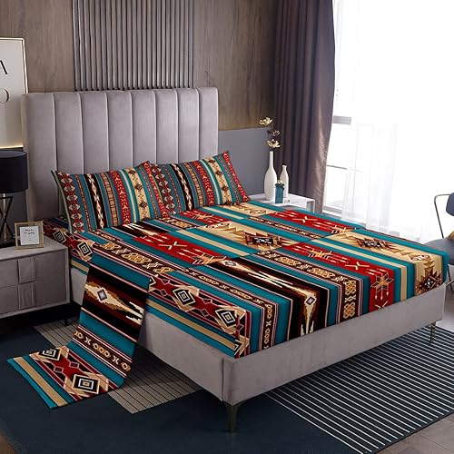 Erosebridal Juego de sábanas aztecas étnicas tribales con flechas, retro del suroeste nativo bohemio, ajustadas, tamaño matrimonial, geometría de